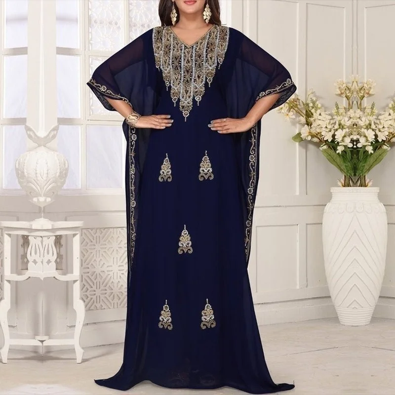 

Middle East Arab Muslim Abayat Dark Blue Print Abayas for Women Sunscreen Blouse Women's Dress Europe and The United States