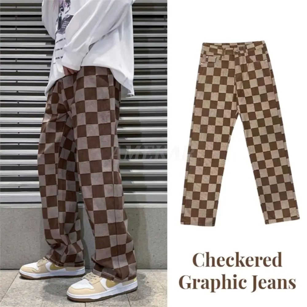 

2023 New Men's Checkered Graphic Baggy Jeans Korean Fashion Streetwear Denim Brand Trousers Brown Check Print Straight Pants