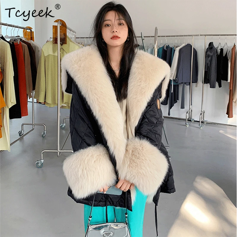 

Down Pie Overcome Women's Winter Coats High Quality Warm Real Fox Fur Detachable Navy Collar Medium and Long Leather Fur Jacket