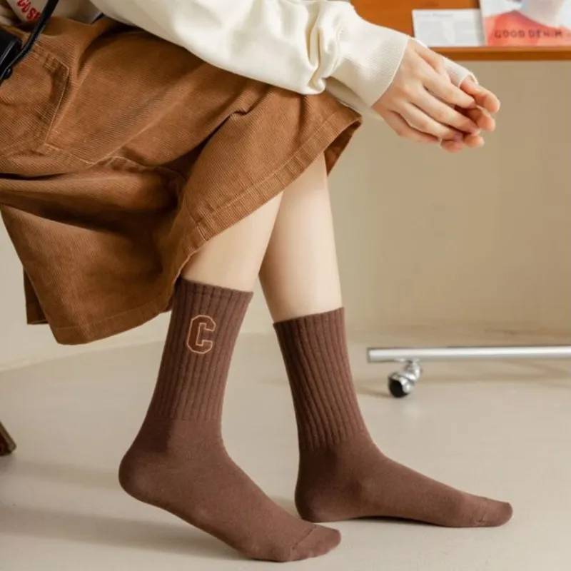 1Pair Fashion Women Cotton Socks Embroidery Letter C Mid-tube Socks INS Autumn and Winter Solid Color Casual Sock Kawaii Sock