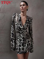 ttqv sexy deep v neck leopard womens dress 2022 autumn long sleeve mini dress elegant slim high waisted female party dresses