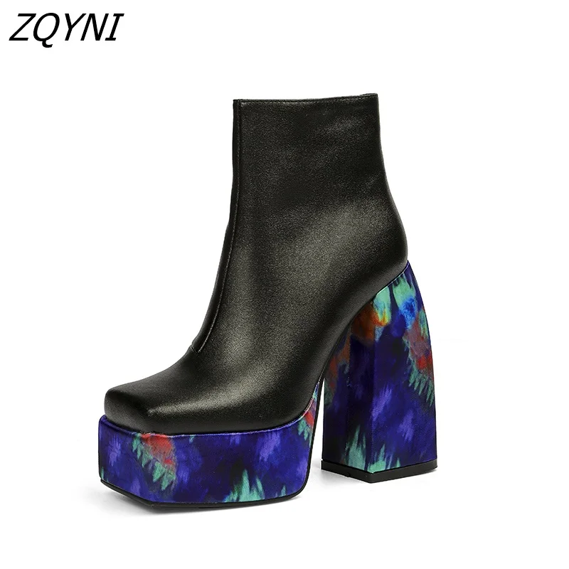 

Winter Vintage medium high heel thick soled short boots women's square head and ankle zipper Black Large 43