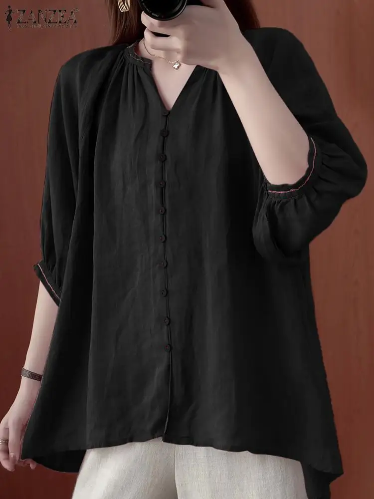 

Модная женская винтажная однотонная блузка ZANZEA, элегантные топы на пуговицах, повседневные свободные блузы, рубашка, летняя рубашка с V-образным вырезом и рукавом до локтя