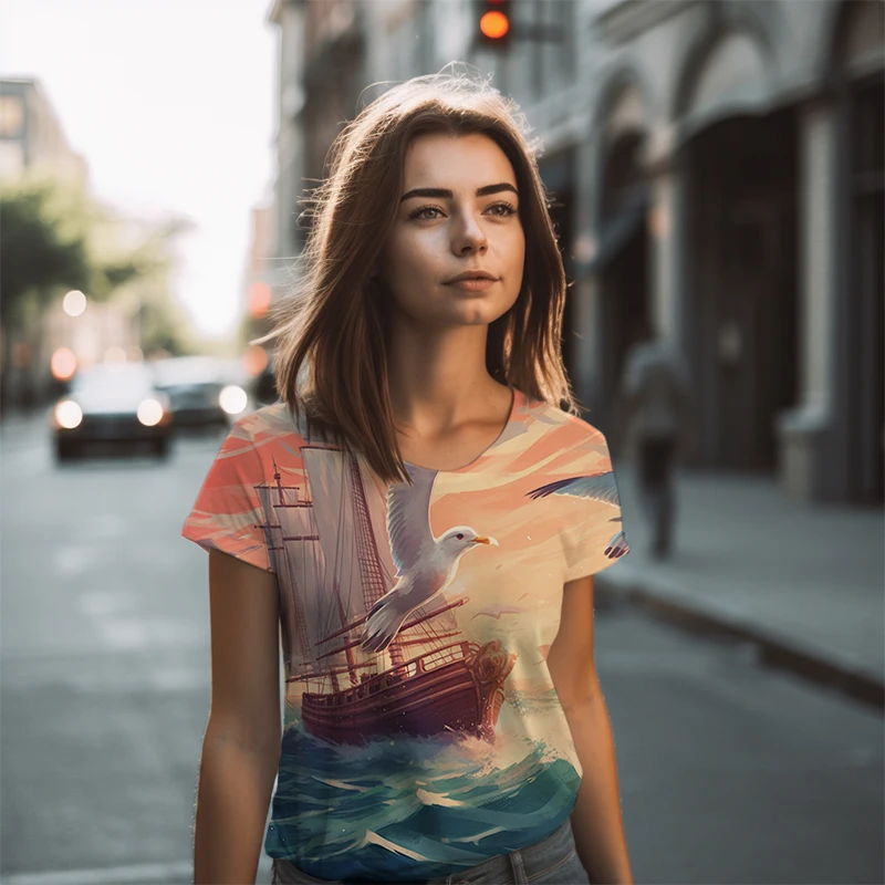 

Женская футболка с 3D-принтом «Чайка и корабль», Свободные повседневные футболки, летняя модная футболка с коротким рукавом, домашняя Повседневная футболка