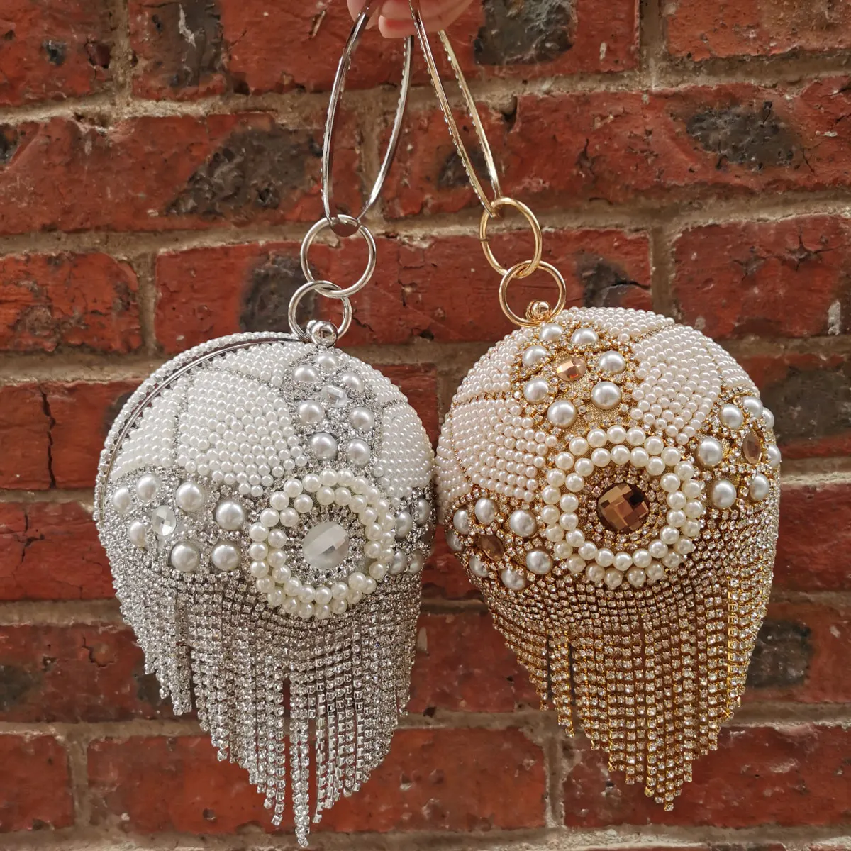 

Design Gold ball Wristlets Bag Women Silver Beaded Pearl Mini Tote Handbag Chain Lady Wedding Bridal Evening Purse Clutch Bag