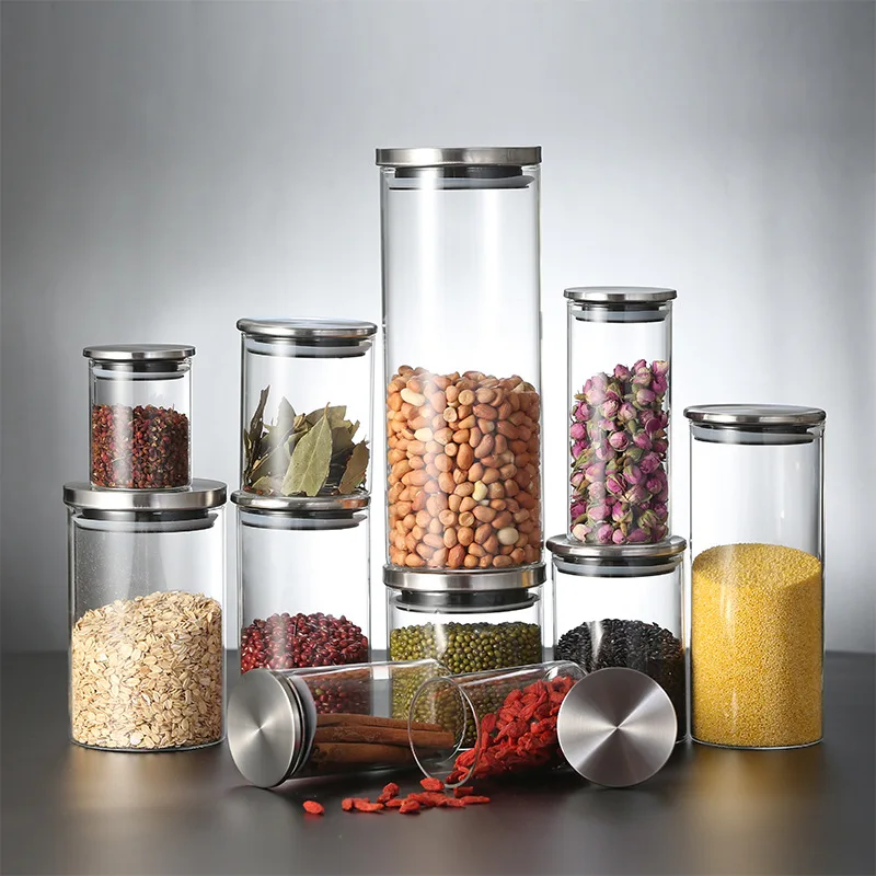 

Container for Cereals Glass Jars with Stainless Steel Cover Glass Spice Jars Storage Tank Food Contain Coffee Bean Jars