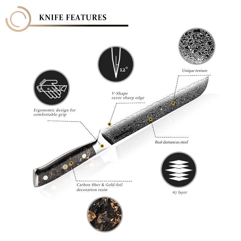 8-дюймовый нож для хлеба Grandsharp высокое качество 67 слоев 10Cr15CoMov дамасская сталь