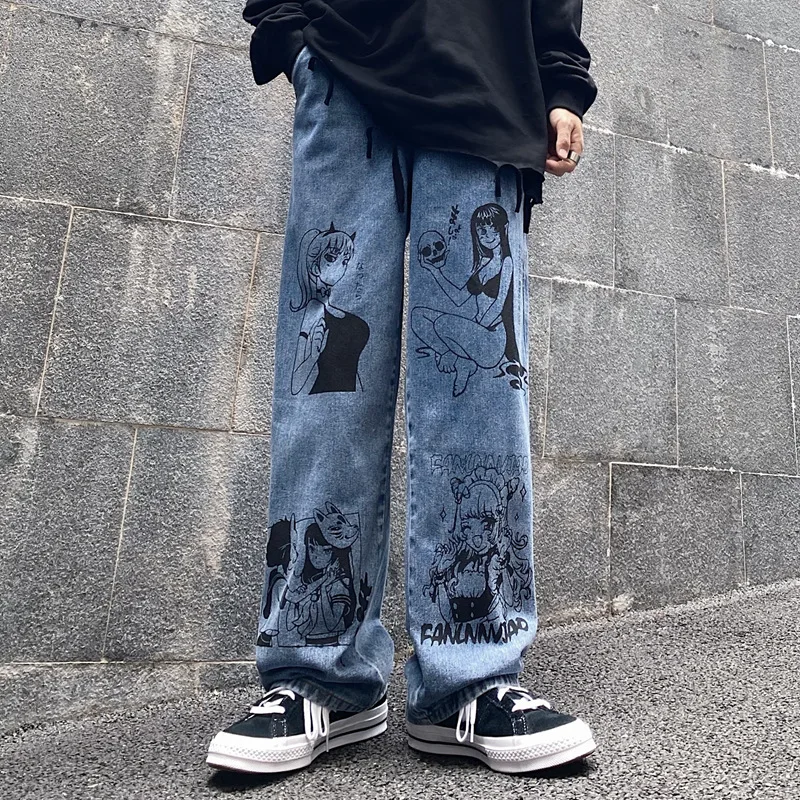 Jeans Men's Brand Clothing Cartoon Printing Harajuku Korean Casual Fashion Graffiti Loose Wide-leg 9-point Pants Men Streetwear