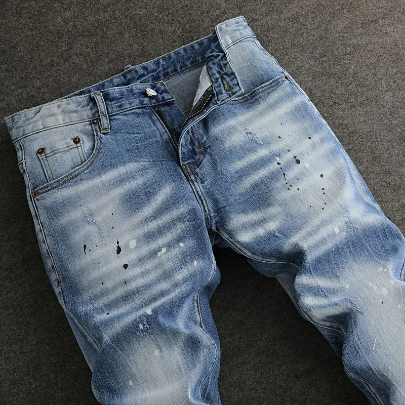 Уличная мода Мужские джинсы Ретро Светло-голубые эластичные облегающие рваные