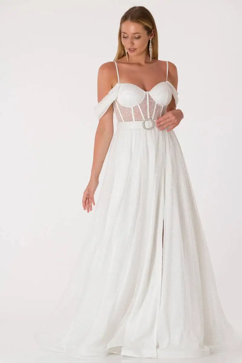 

Мерцающее Тюлевое вечернее платье крем Mahur