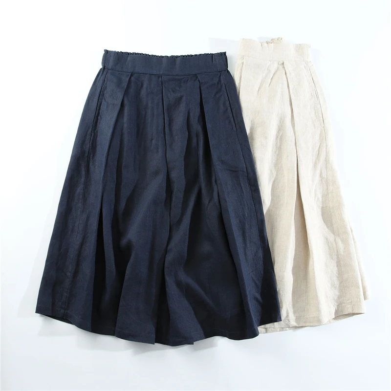 

Limiguyue Summer Women Midi Skirts Vintage Basic Cotton Linen Pletaed Skirt High Waist Solid Casual Loose Skirts Pockets J209