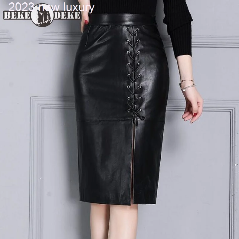 

Fit Elegant Slim Wrap Knee Length Skirts Women Luxury OL Style High Waist Real Leather Sheepskin Midi Skirt 4XL