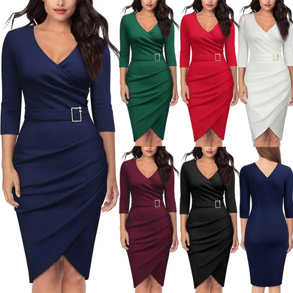 

Women's Vintage V Neck Cross Sexy Irregular Hem 3/4 Sleeve Cocktail Party Dress 2022 Women Dress Female