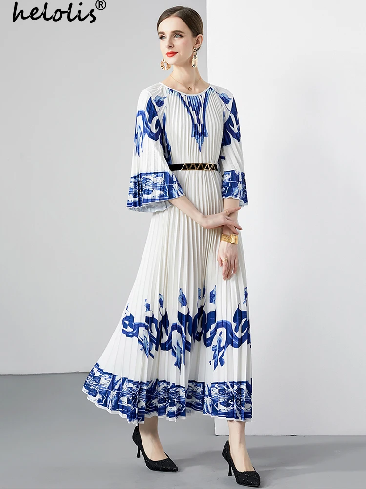 

Платье-макси летнее Плиссированное с круглым вырезом и рукавом до локтя