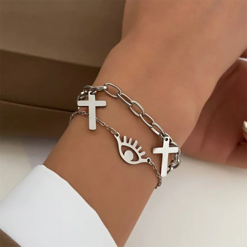 

Fashion Multi-layer Cross Bracelet for Women Retro Eye Shape Pendant Metal Geometric Chain Bracelet for Men Jewelry Couple Gifts