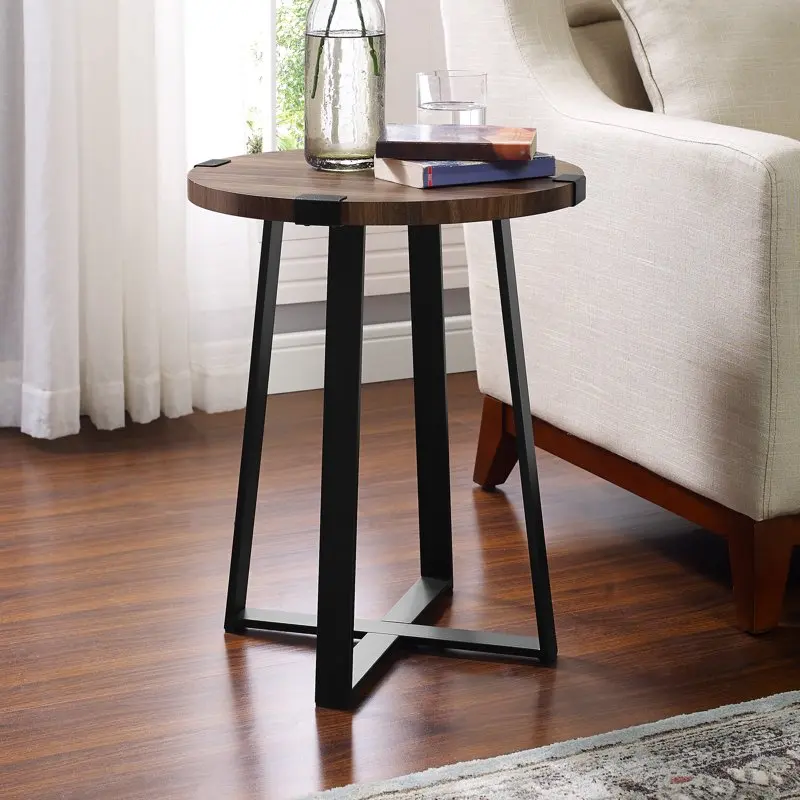 

Rustic Wood and Metal Round End Table, Dark Walnut