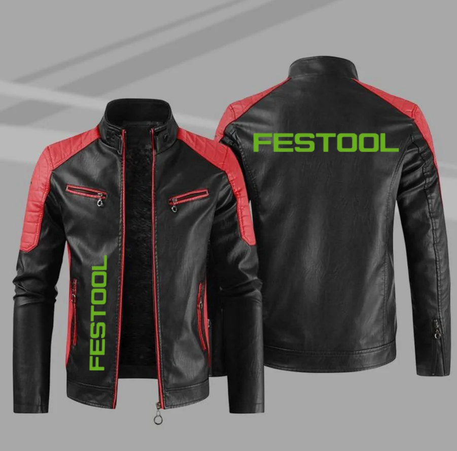 

2023 Fashion New Mens Vintage FESTOOL motorcycle Jacket Biker Leather Jacket Male Embroidery Bomber Coat Pu Overcoat