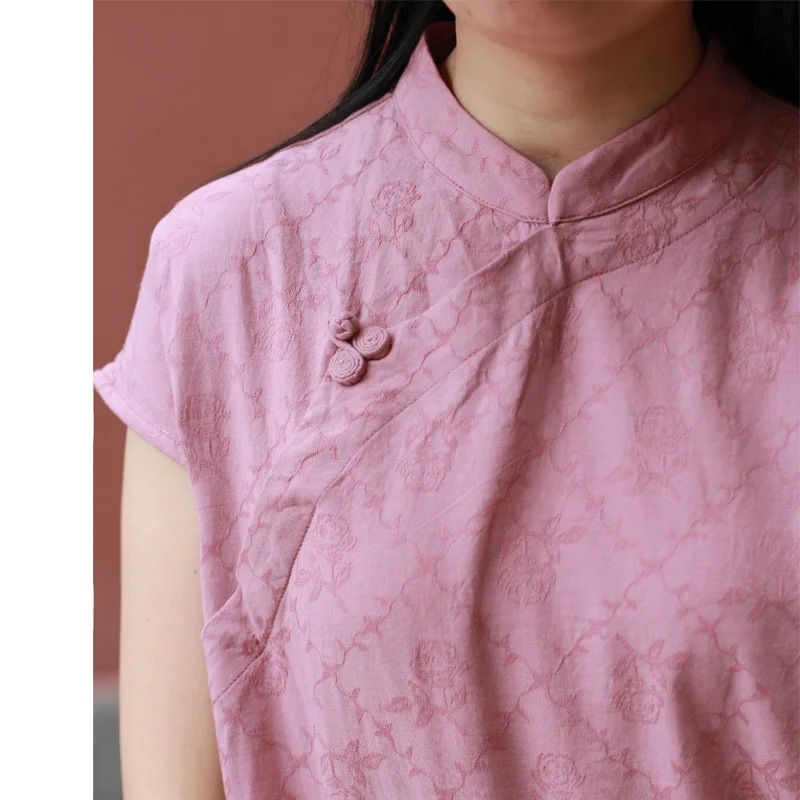 

2022 Summer Retro Pink Rose Jacquard Long Cheongsam For Women Chinese Style Elegant Loose Stand Collar Dresses Red Wedding Dress