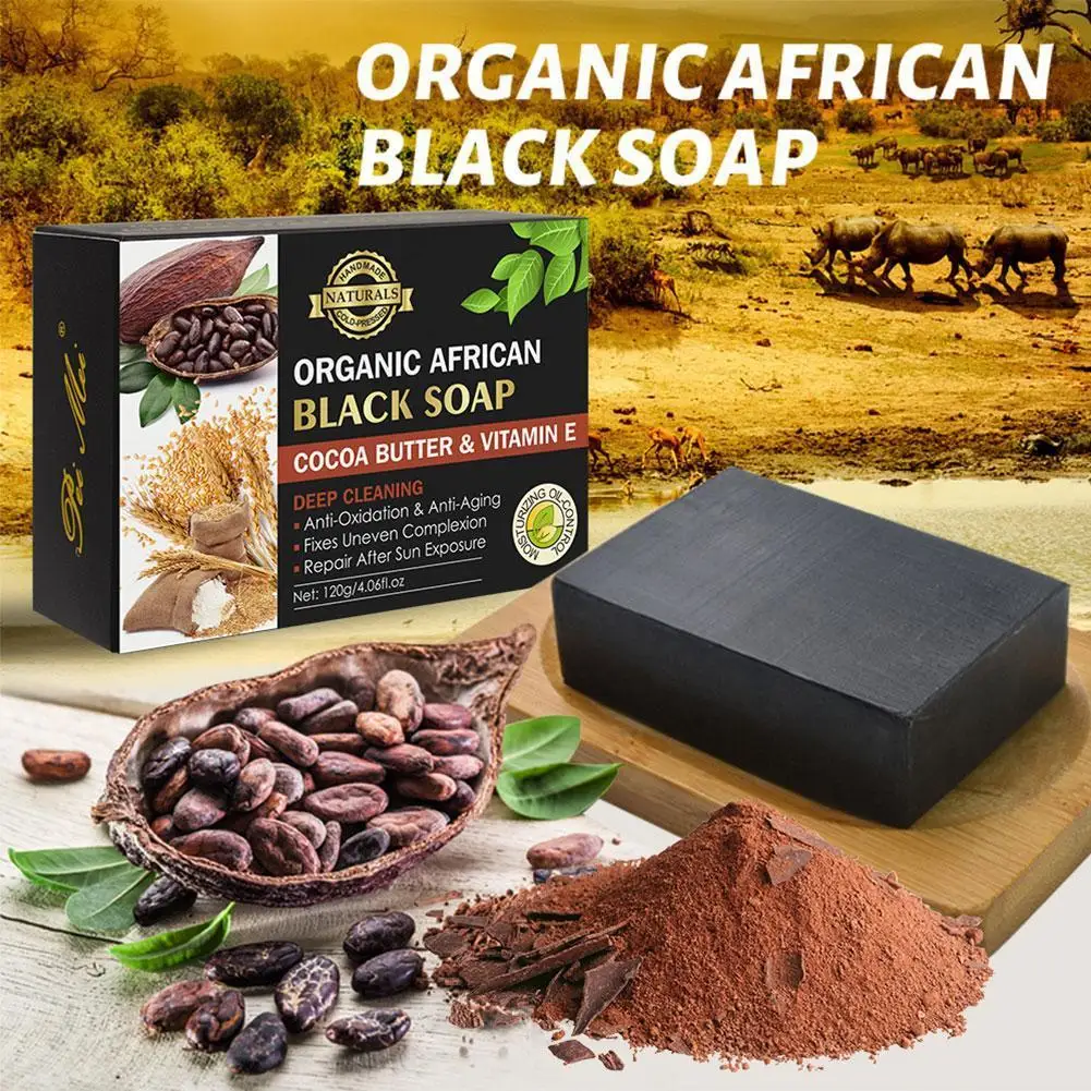 

120g Cocoa Bean Vitamin E Soap African Black Soap Organic Whitening Handmade Soap For Acne Removal Deep Cleansing Soap Skin Care