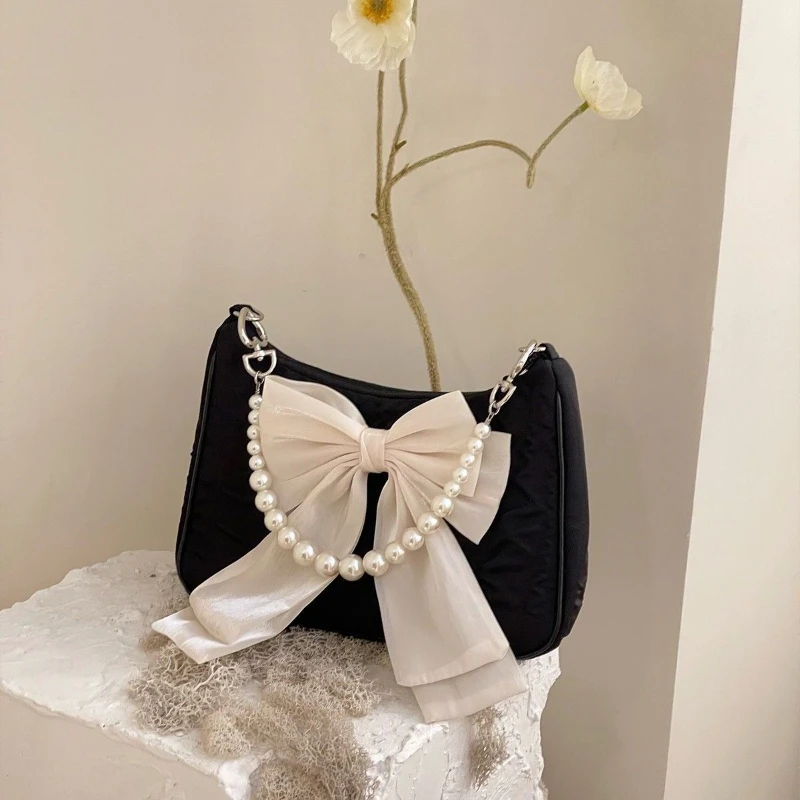 Faux Pearl Chain Women's Shoulder Crossbody Bag Female Soft Nylon Purse Small Tote Handbags Vintage Bowknot Girls Underarm Bags