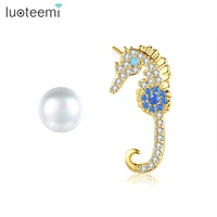luoteemi blue hippocampus asymmetric stud earrings for women cute cartoon kids accessories for girl stud pearl aretes de mujer