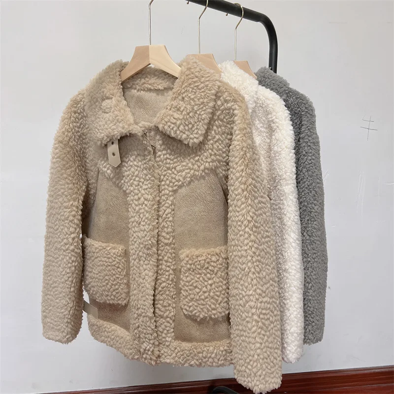 KoHuiJoo Lamb Fur Jacket Women 2022 Winter Fashion Vintage Thick Warm Female Shearling Overcoat Zipper Suede Coat Motorcycle