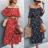 popular 2022 new bohemian street beach resort style printed ladies clothing one shoulder tube top split floral dress