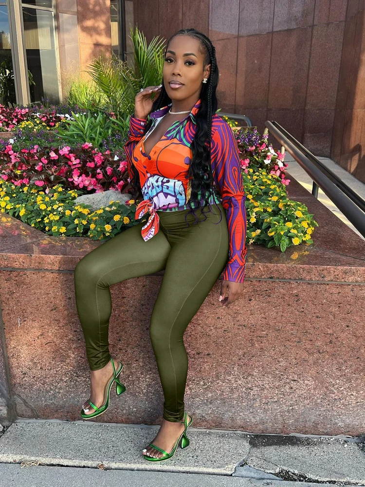 

Two Piece Set Women Tracksuits Sexy Colorful Print Long Sleeve Lace Up Blouse Top+High Waist Leggings Pencil Pants 2022 Spring