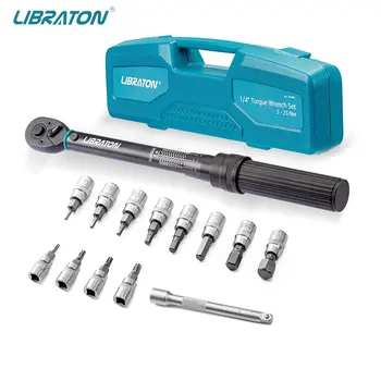 Libraton Bike Torque Wrench 1/4'', 5-25Nm, 0.1Nm Micro, Drive Click Torque Wrench Set, Hex, Torx/Star Bit Sockets, Extension Bar