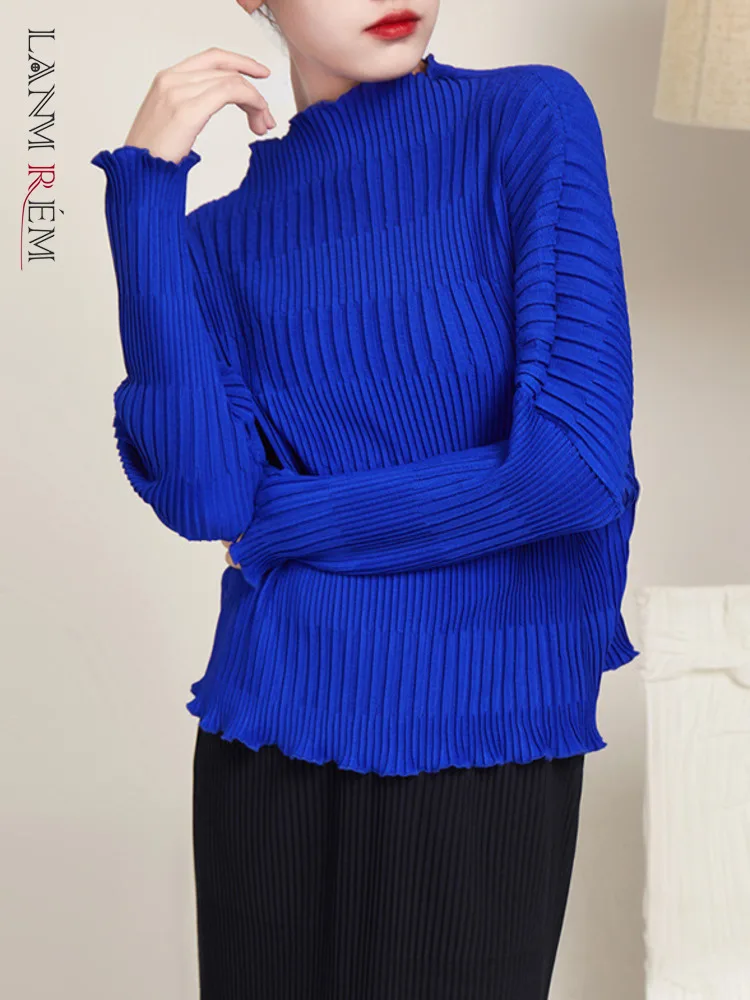 

LANMREM Long Sleeve Pleated T-shirts For Women Stand Collar Loose Fit Solid Color Female Casual Top Clothing Spring New 2R9021