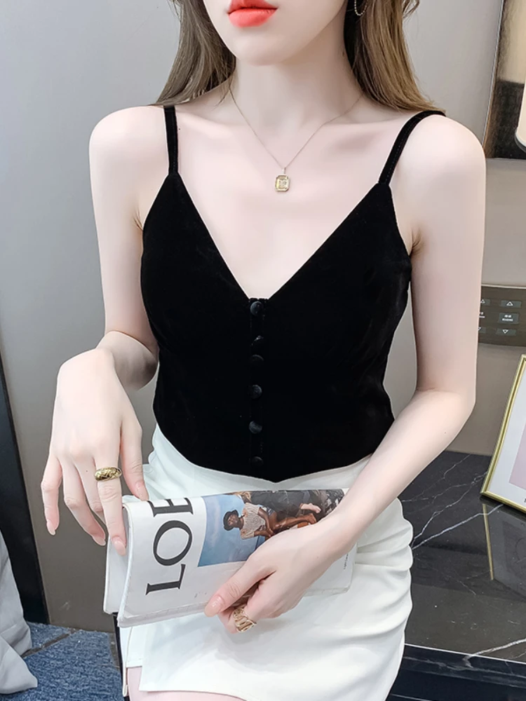 

Golden Velvet Tanks Top Vest Korean Fashion Button Womens Tops Suspender Splicing Sexy Suspender Blouse Basic OL Female Clothing