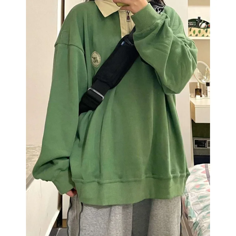 

Осенняя Женская одежда, корейская мода, однотонный пуловер-мешковатый, свитшот на молнии, с лацканами и рукавами реглан, пуловер с длинными рукавами