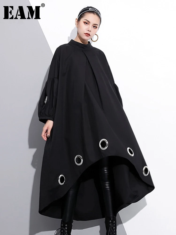 

[EAM] 2023 New Spring Round Neck Long Sleeve Solid Color Black Metal Ring Big Size Hollow Out Dress Women Fashion Tide JE29201