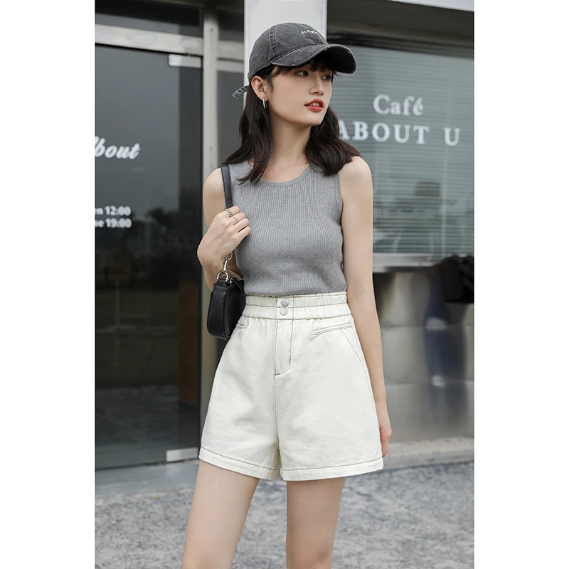 New Summer High Waist Denim White Shorts Women'S Fashion Korean Version Loose A-Word Light Color Wide Leg Elastic Bud Lady