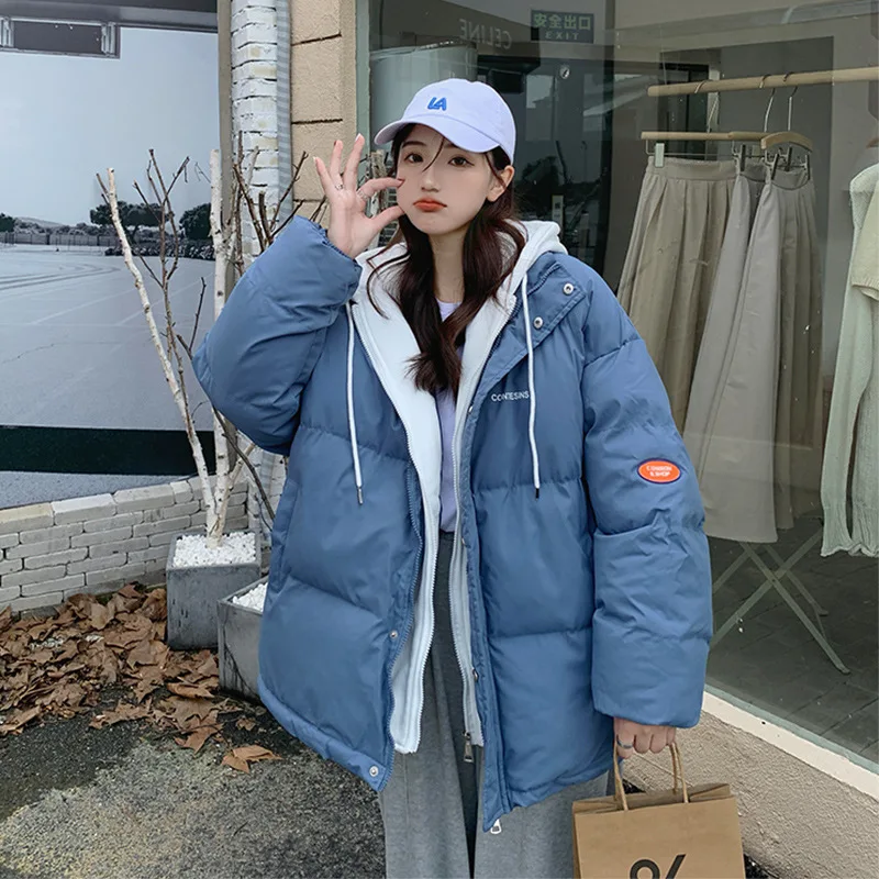 Winter Coat for Women Jacket Down Cotton Padded Short Parkas Solid Color Hooded Oversize Thick Coats Loose Two Fake Pieces