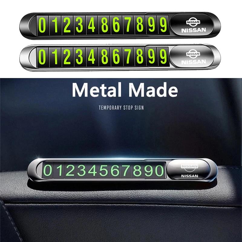 

Metal Car Phone Number Card Temporary Parking Card Plate for Nissan Altima Skyline Juke Sentra Versa Frontier X-Trail Qashqai