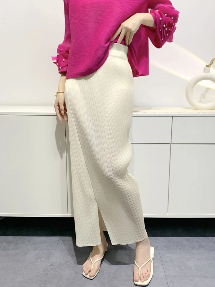 

Miyake High Elasticity Solid Color Split Fashion Design Women Clothing Commuter Casual Temperament Pleated Spring Half Skirt