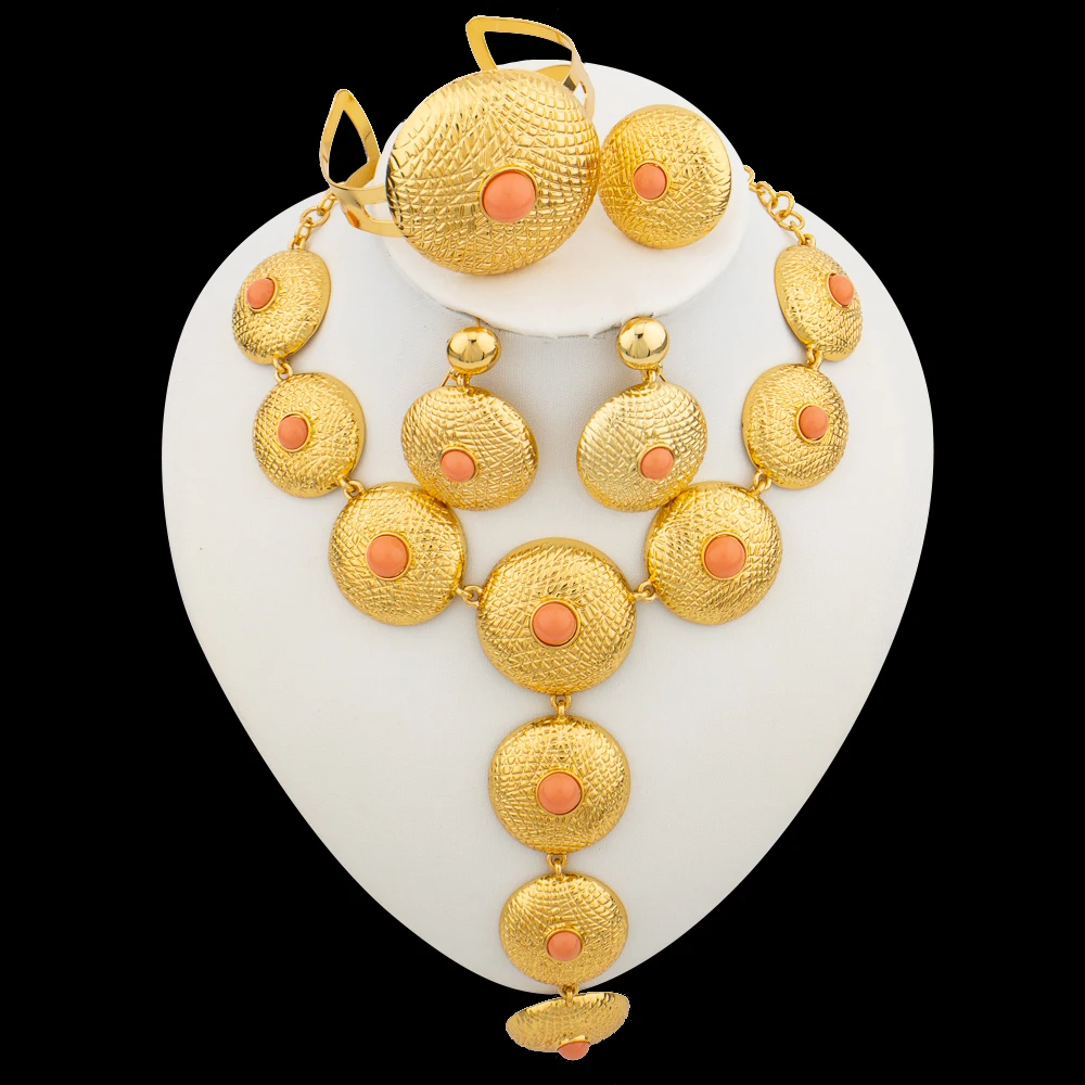 

Dubai Jewelry Sets for Women Saudi Arabia Colored Stone Long Necklace 18K Gold Plated Necklace Earrings African Wedding Bridal