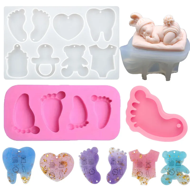 Baby Shower Bapti Pendants Decoration Cute Baby Foot Bottle Shape Epoxy Resin Mold KeyChain Pendant Making Baby Birthday Decor