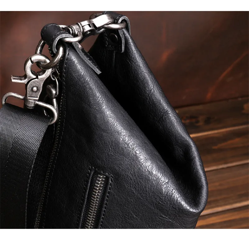 Simple Casual luxury Natural genuine Leather Men Black Bucket Bag Outdoor Daily Teen Work Weekend Party Soft cowhide Chest Bag
