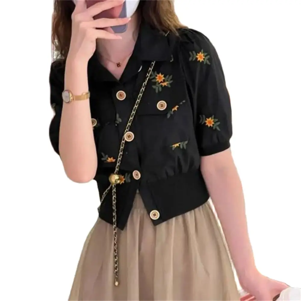 

Women's New Trendy Skirt Set Embroidery Short Sleeve Blouse + High-Waisted A-line Skirt Summer Preppy Style Two Piece Suits OL