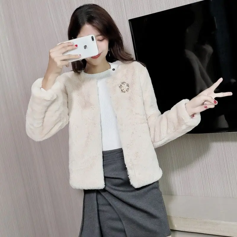 Women's Fur Jacket Imitated Mink Fur Coat Women's Short Faux Rabbit Fur Korean Style Plush Coat Faux Fur Coat