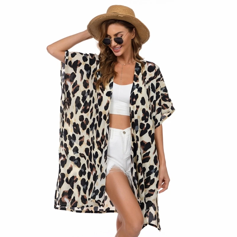 

Womens Leopard-Print Kimonos Cardigan Loose Swimsuit Coverup Casual Side Slit Beach Bathing Suit Tops Sexy Beachwear GXMF