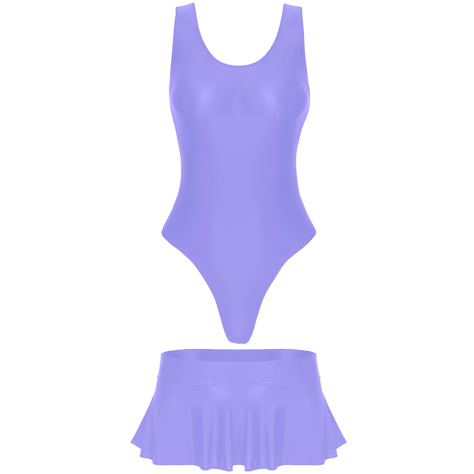 Женское глянцевое Боди без рукавов с высоким вырезом и низкой посадкой мини-юбка