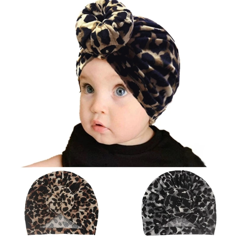

Newborn Baby Turban Toddler Bun Knot Hat Leopard Print Soft Beanie Infant Caps