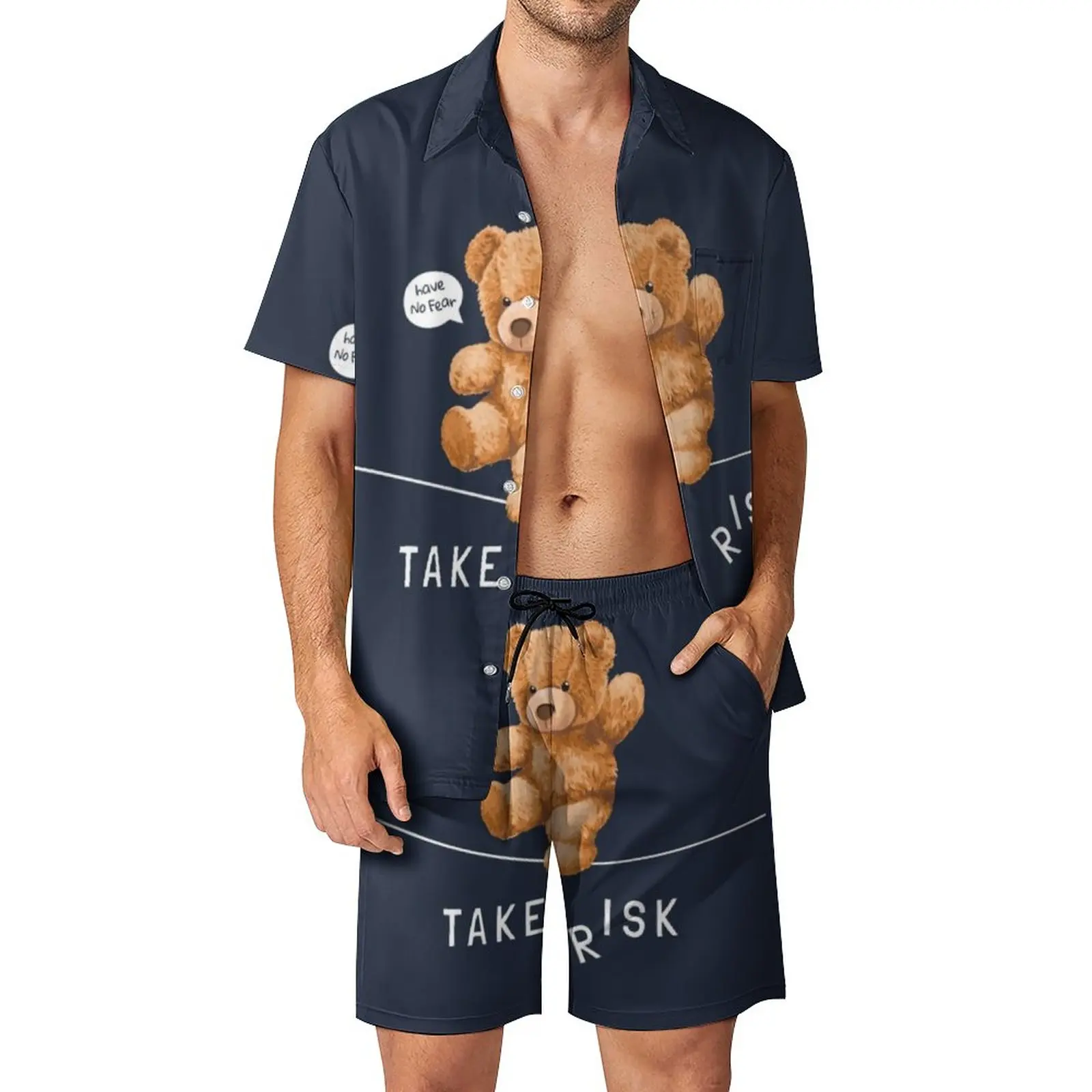 

Bear Toy Walking On String Men Sets Have No Fear Take Risk Casual Shorts Beachwear Shirt Set Streetwear Suit Oversized Clothes