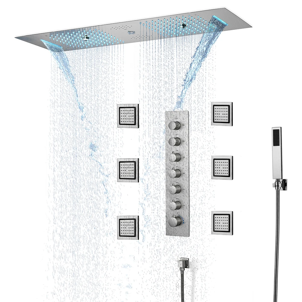

Concealed Ceiling Rain Shower Sets Brushed Nickel Stainless Steel LED Smart Showerhead Waterfall Shower System Massage Bathroom
