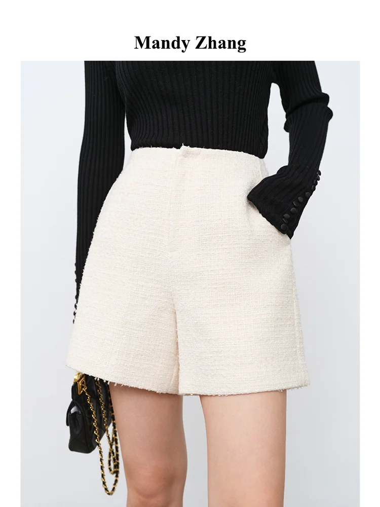 

Pearl White Small Fragrant Wind Rough Tweed Shorts Women's Spring New Light Luxury Set Pants Thick