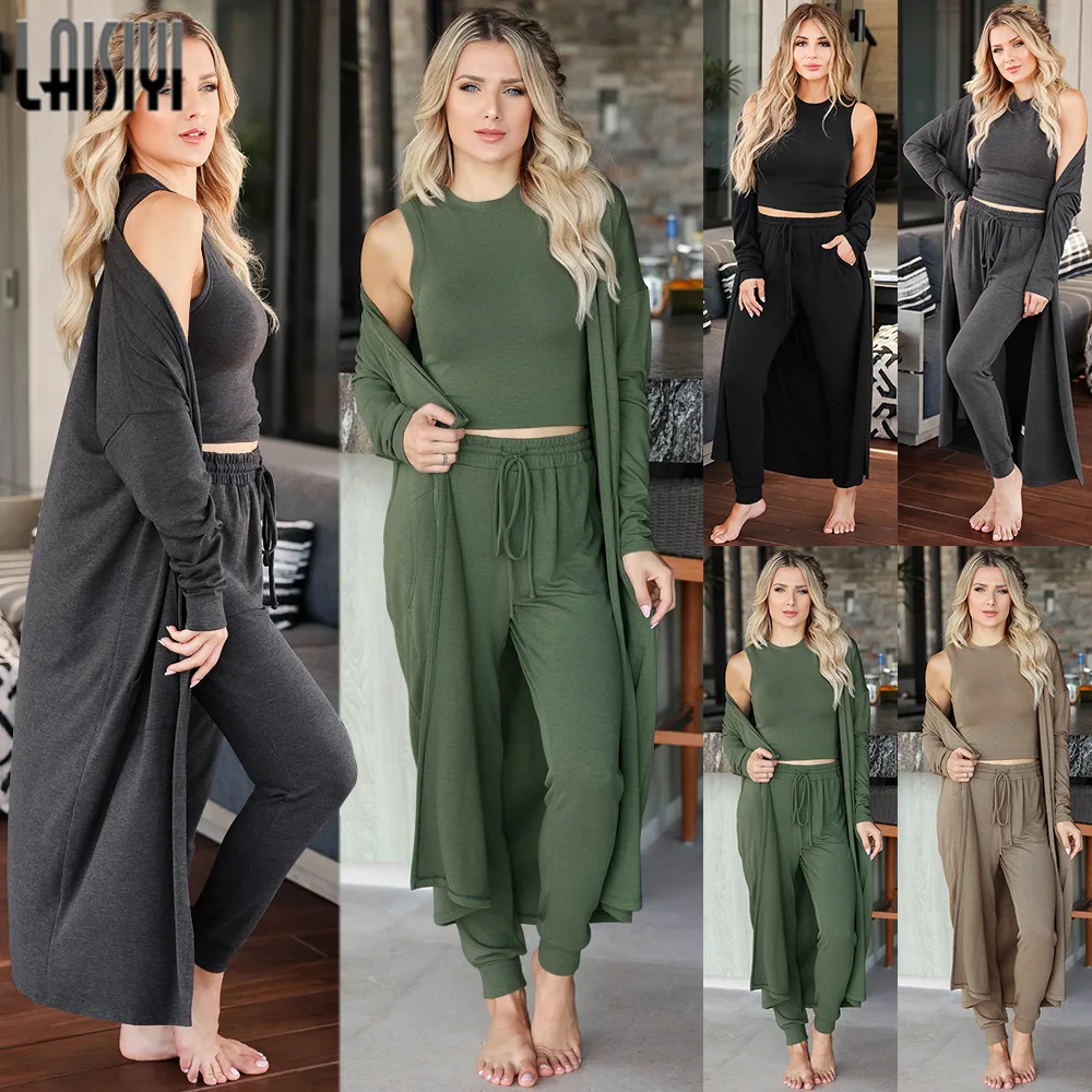 

Женский спортивный костюм из трех предметов, осенне-зимний трикотажный кардиган с длинным рукавом, куртка и длинные брюки, повседневный жен...