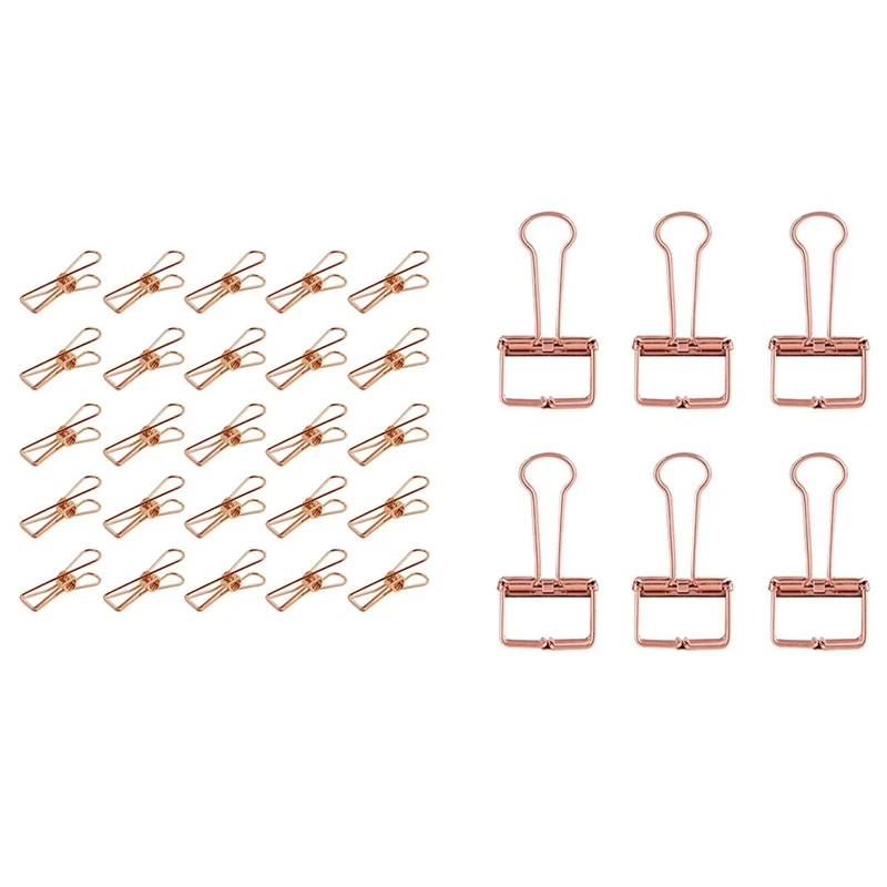 

8X Rose Gold Hollowed Out Design Binder Clip & 25X Rose Gold Small Metal Clips - Multi-Purpose Clothesline Utility Clips